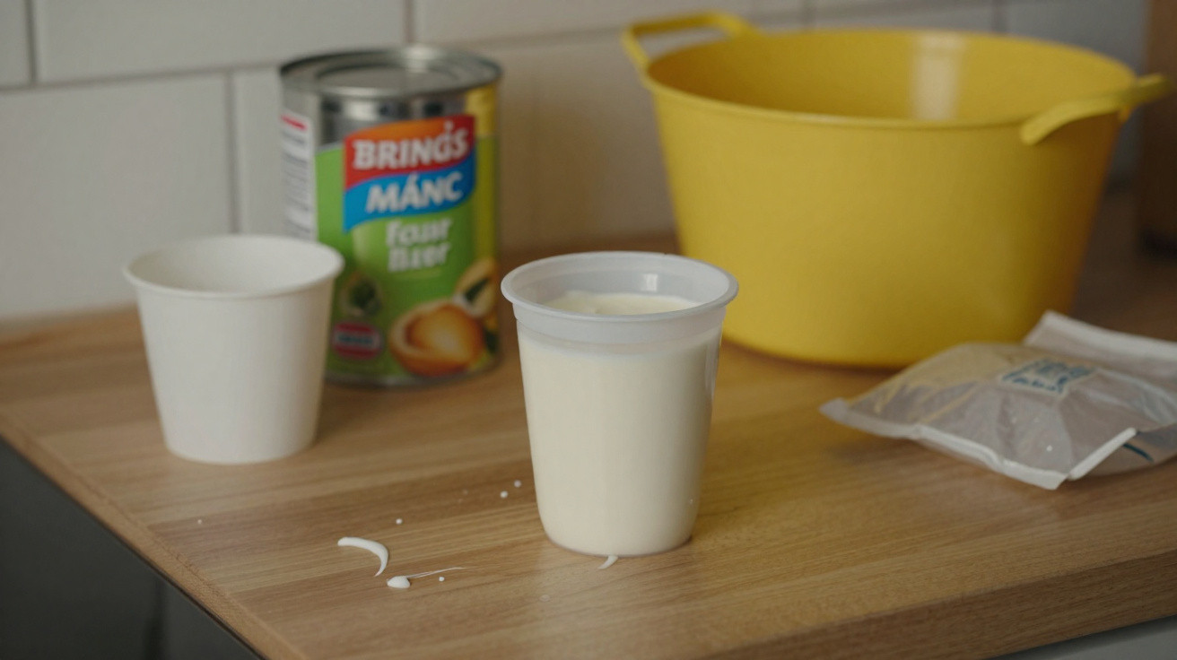 Plastic cup filled with white liquid on wooden table with ingredients and a yellow bowl in the background