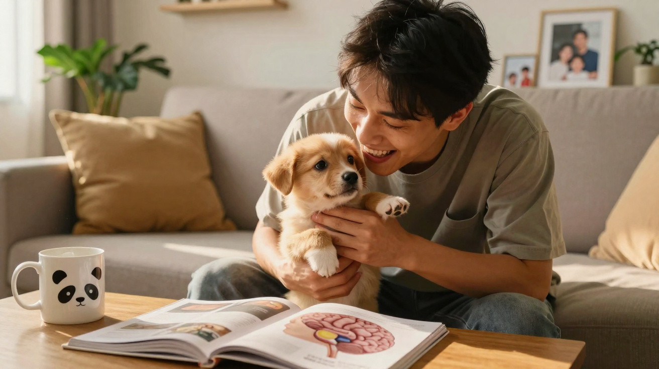 Young man sitting on a sofa holding a small puppy, with an open anatomy book and a panda mug on the table.