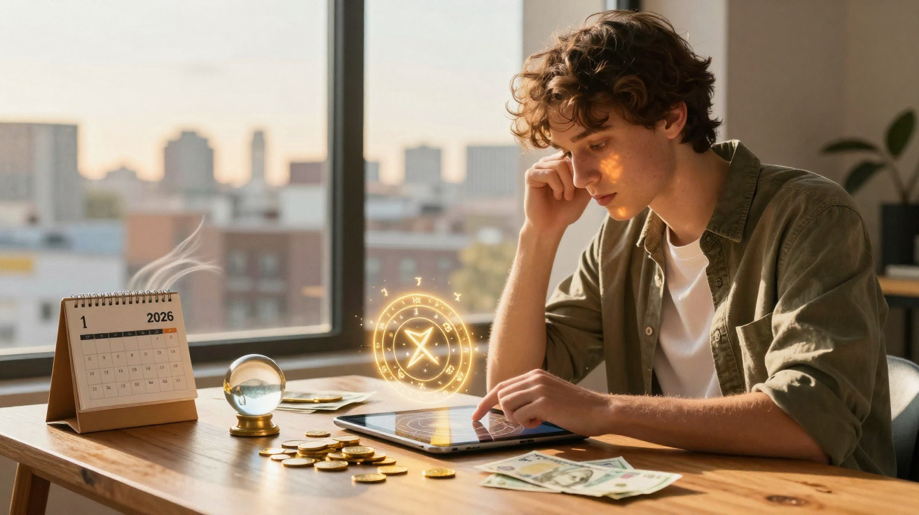 Young man using a tablet with digital clock graphic, calendar, coins, and dollar bills on a wooden desk by a window.