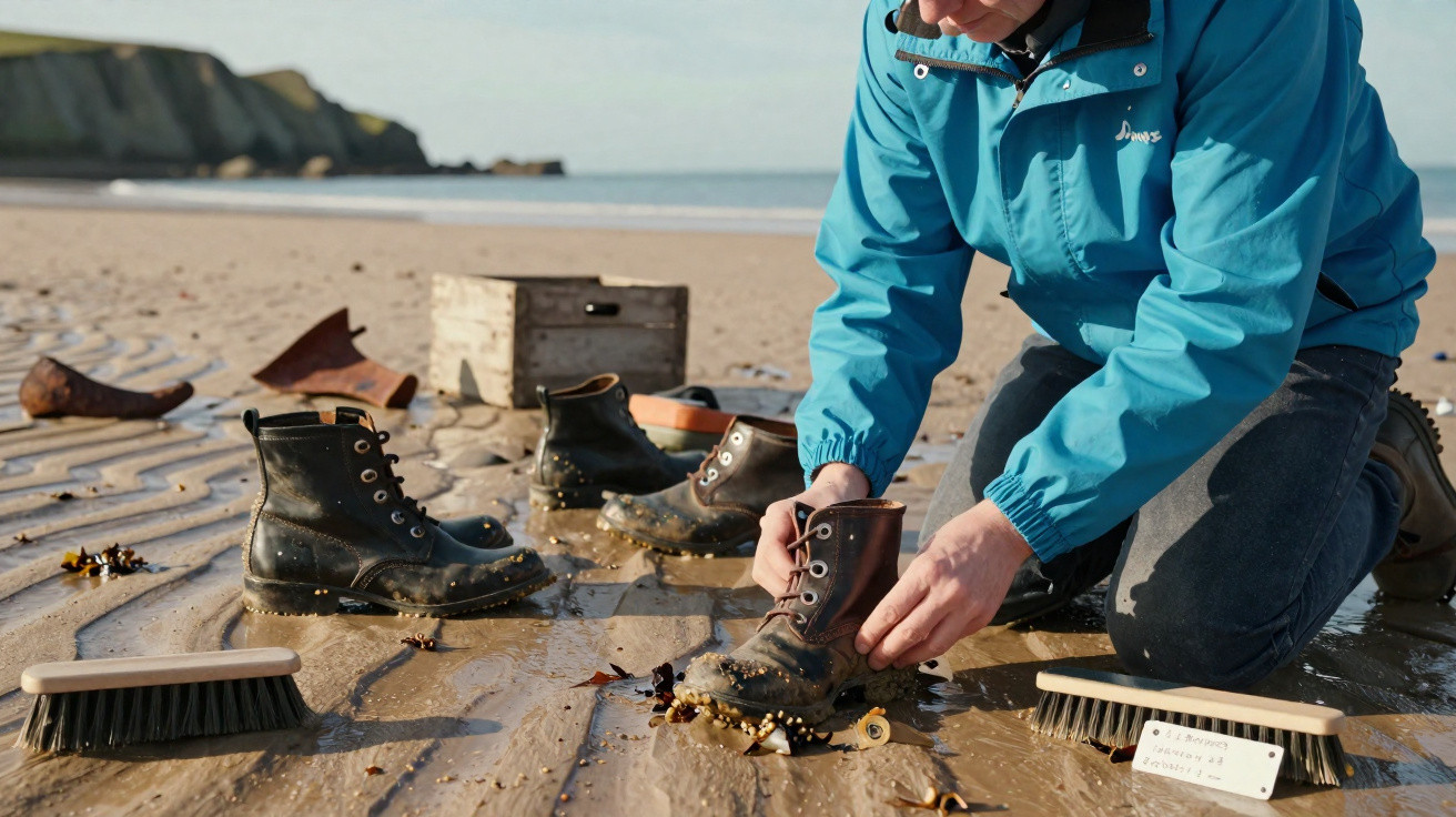 Person cleaning muddy boots on a sandy beach with brushes and a wooden box nearby.
