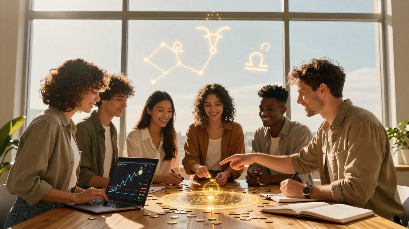 Group of six diverse young adults around a table with glowing zodiac symbols and a laptop showing a graph.