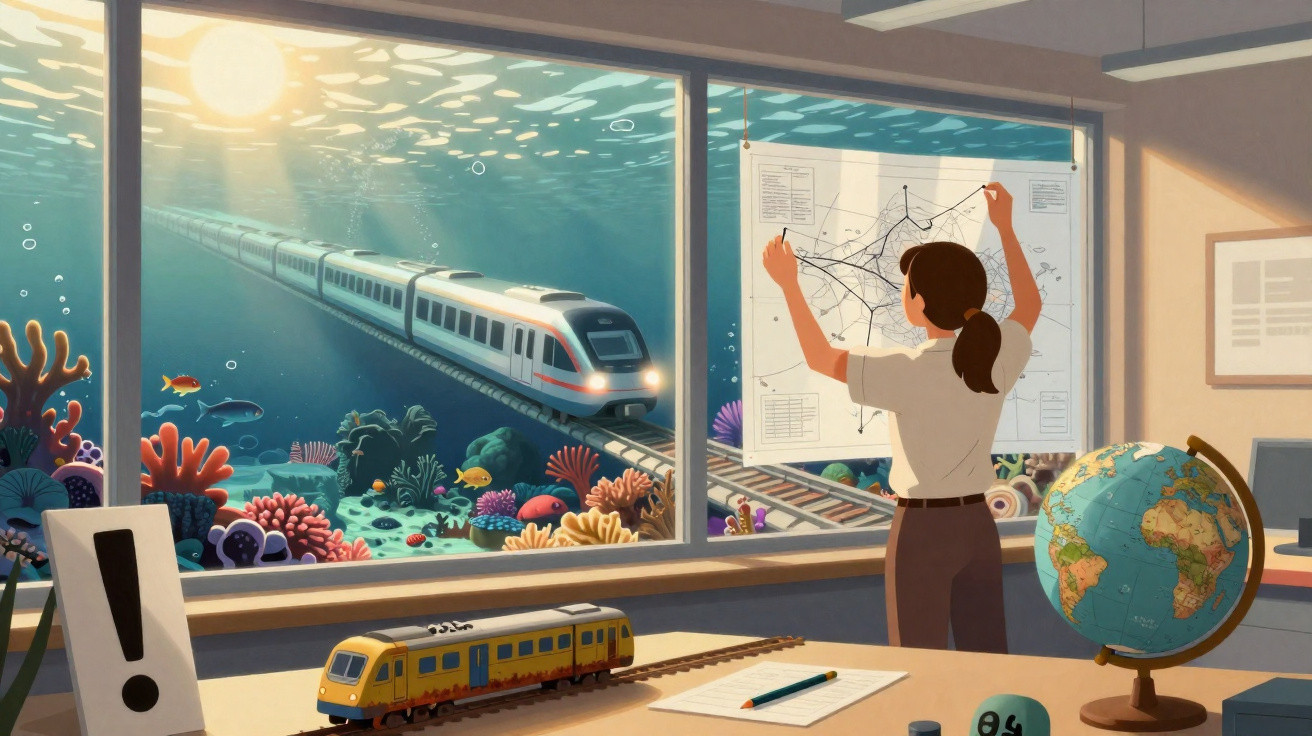Woman studies transport map in office with large window showing underwater train and vibrant coral reef outside.