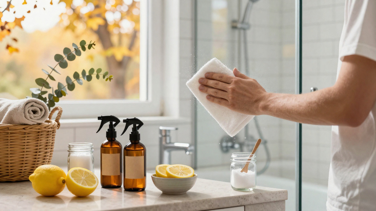 Person cleaning bathroom mirror with cloth, surrounded by lemons, glass jars, and amber spray bottles on countertop.