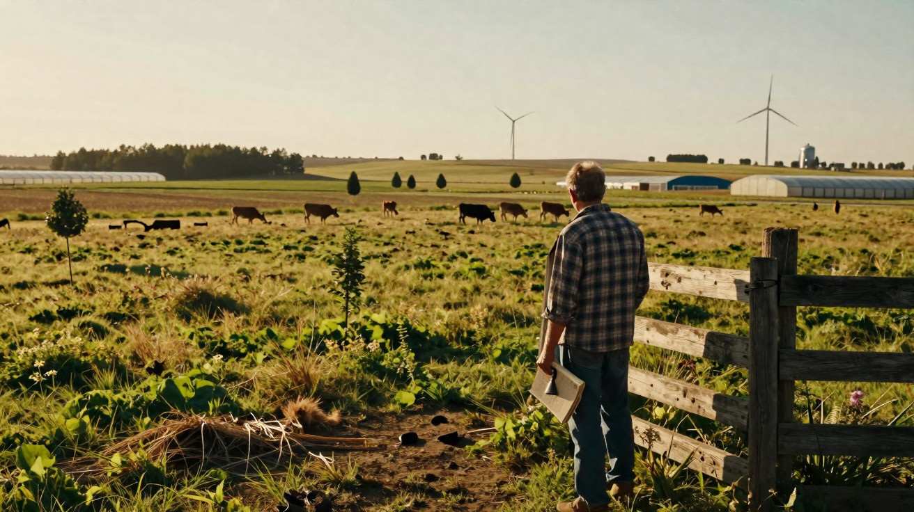 Farmer holding clipboard overlooking grazing cows in a field with wind turbines and greenhouses in the background.