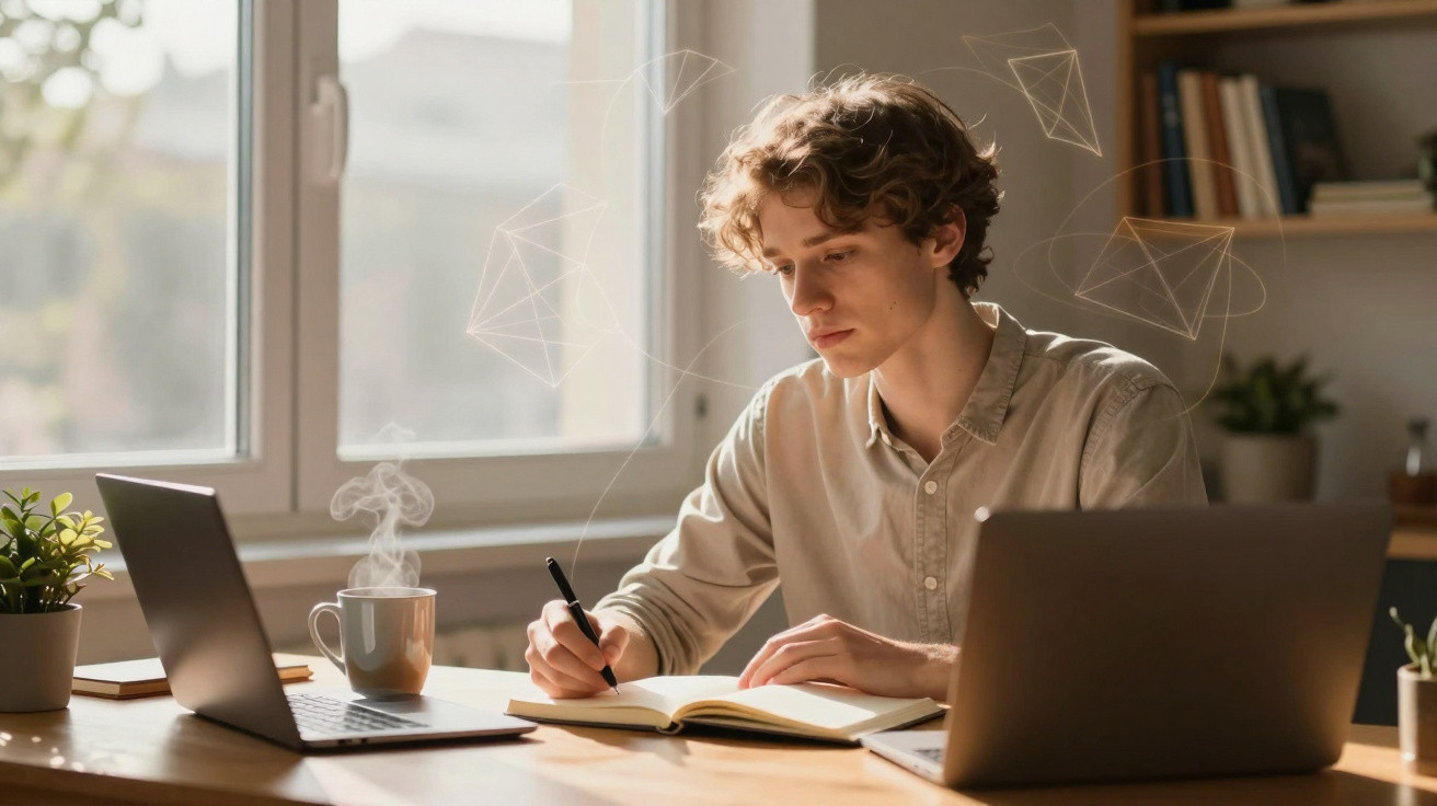 Young man writing in a notebook at a desk with two laptops and a steaming mug by the window in a cosy room.
