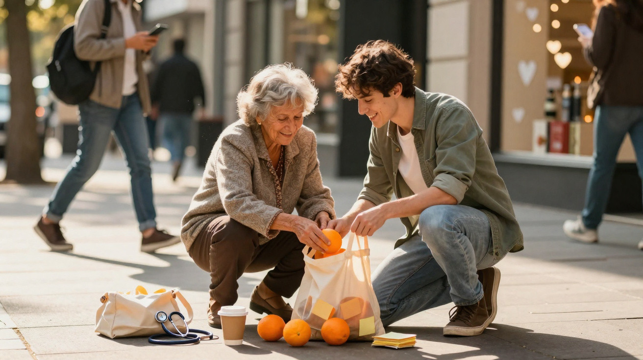 Young man and elderly woman packing oranges into a reusable bag on a city street.