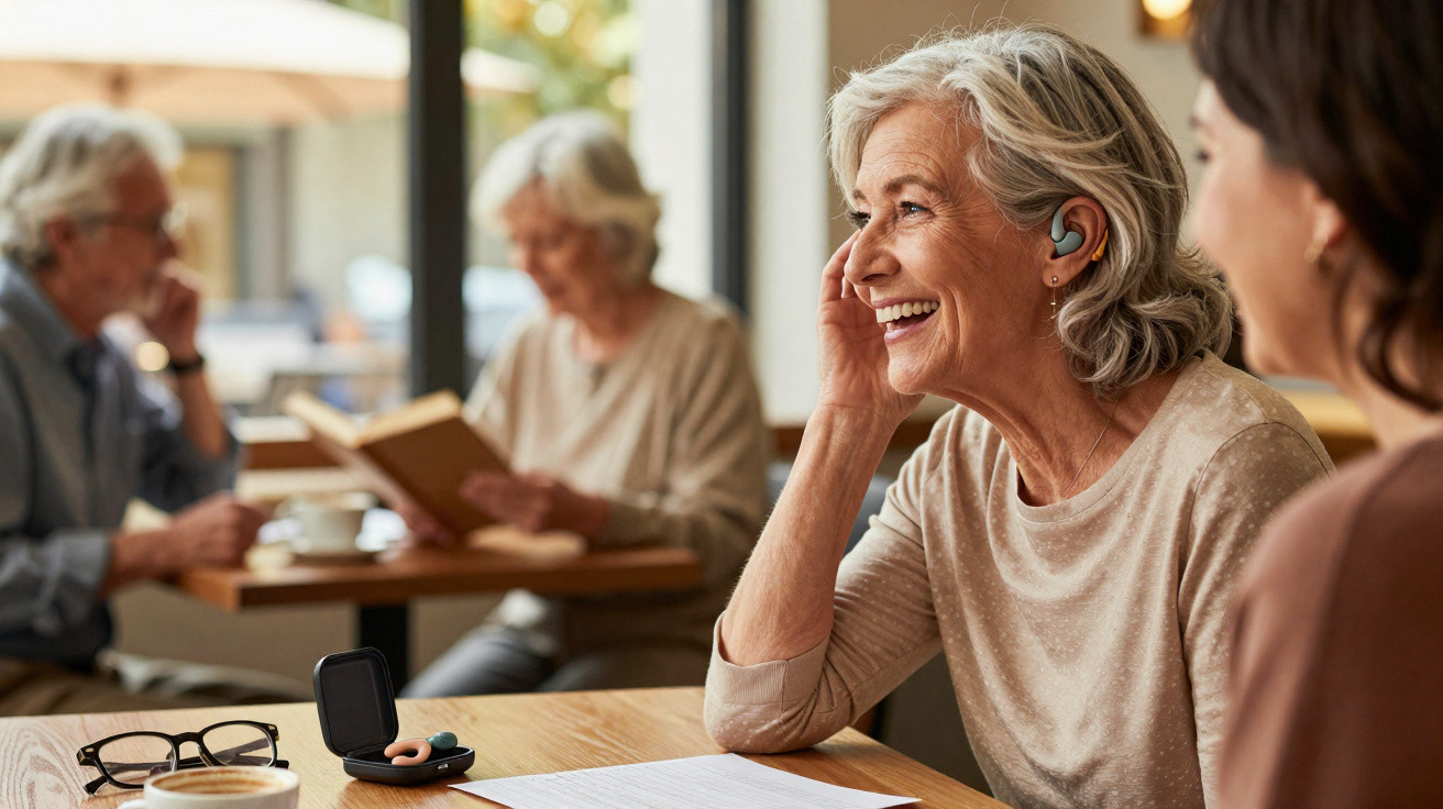 Smiling elderly woman with hearing aids chatting with a companion at a café, with others reading in the background.