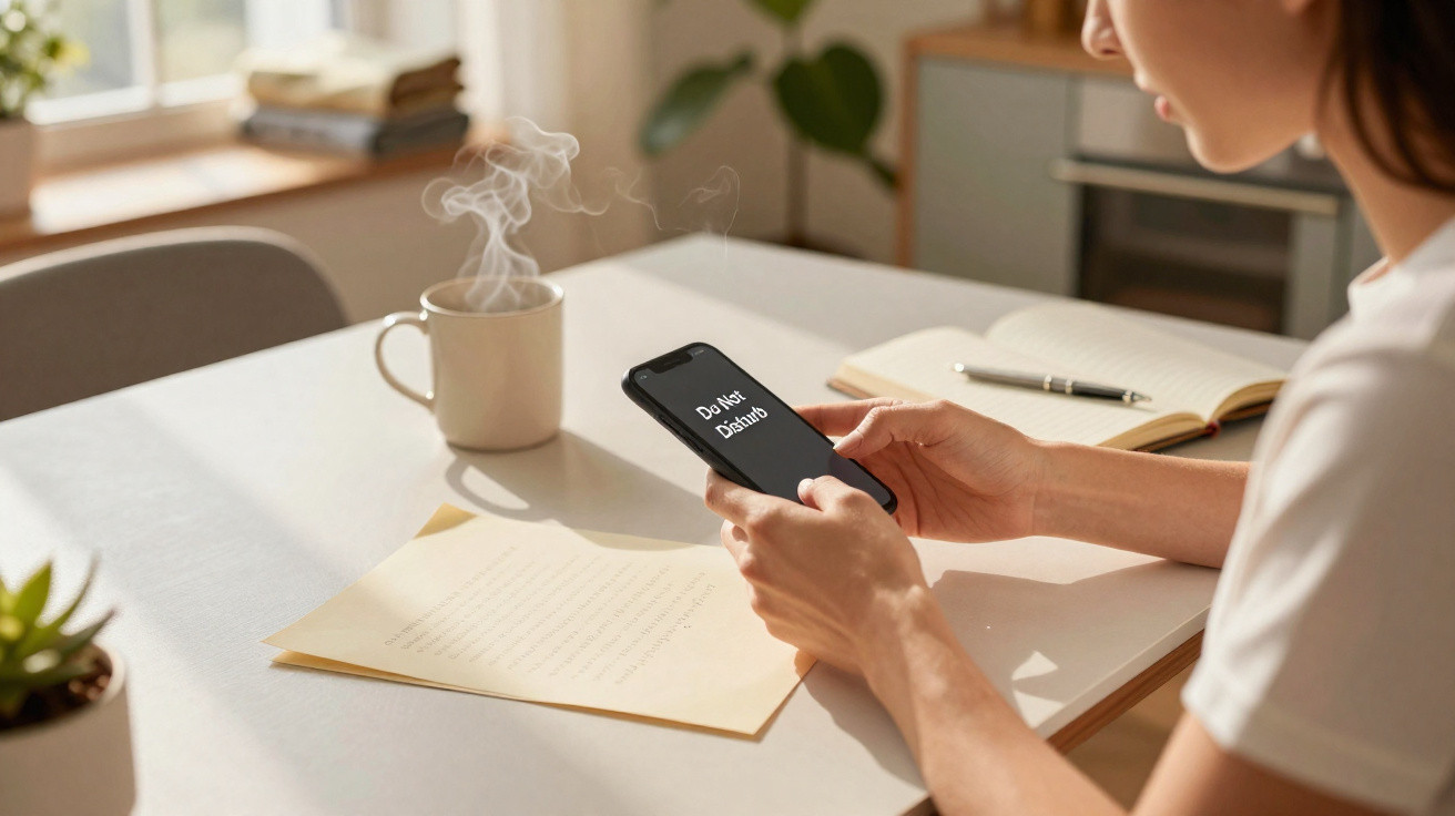 Person holding smartphone displaying "Do Not Disturb" message at a desk with papers, notebook, and steaming mug.