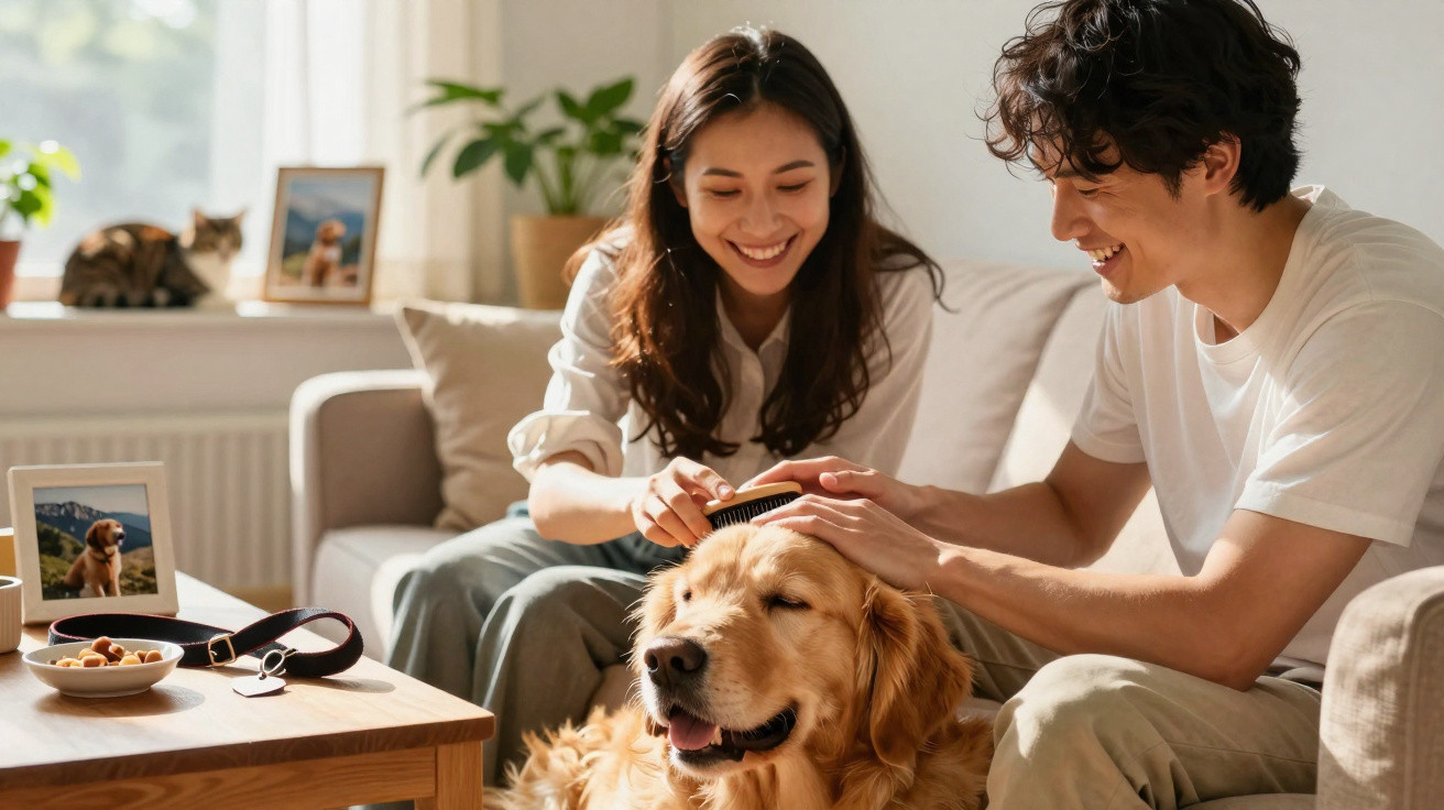 Young couple happily grooming a golden retriever on a sofa in a sunlit living room.