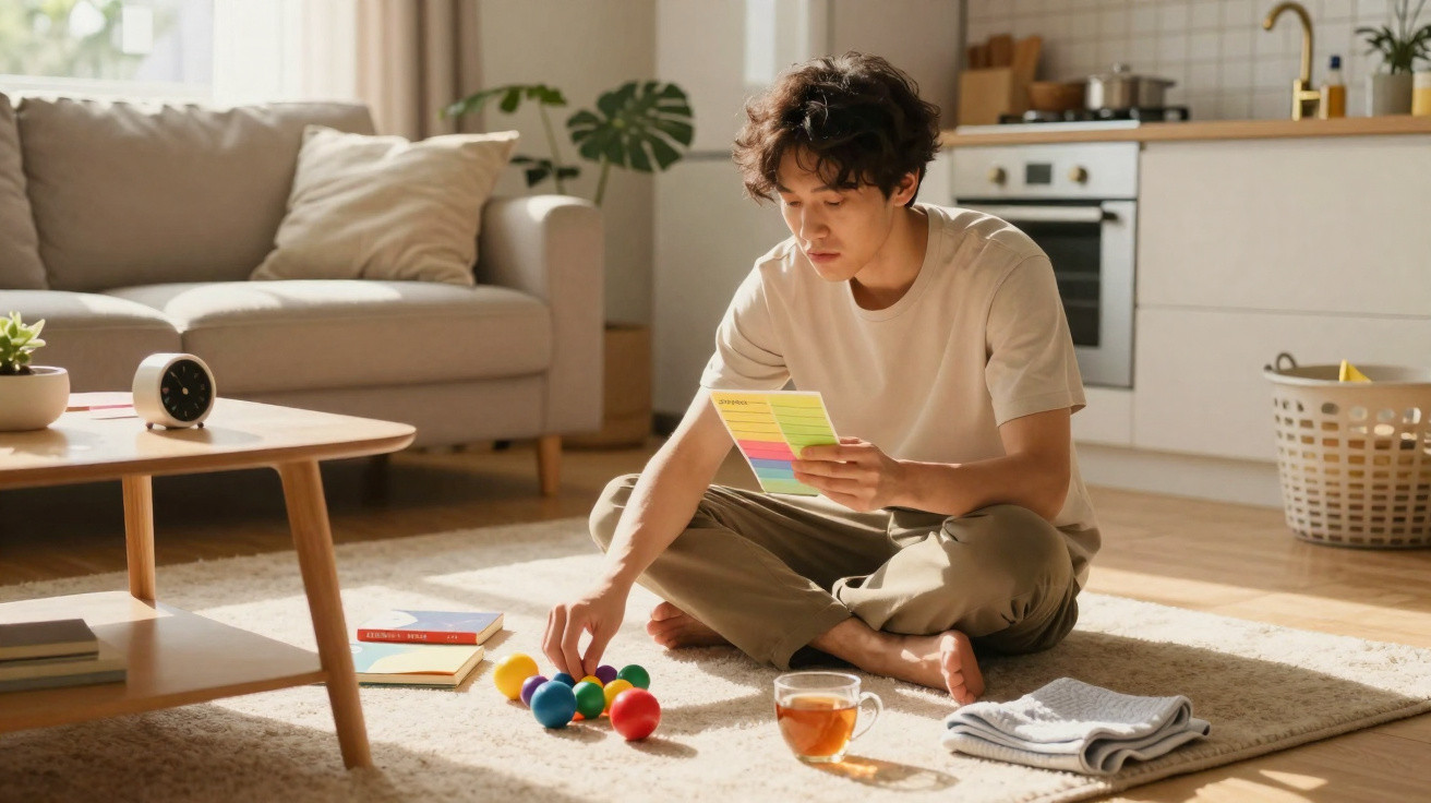 Young man sitting cross-legged on a rug in a living room, arranging colourful balls and holding sticky notes.