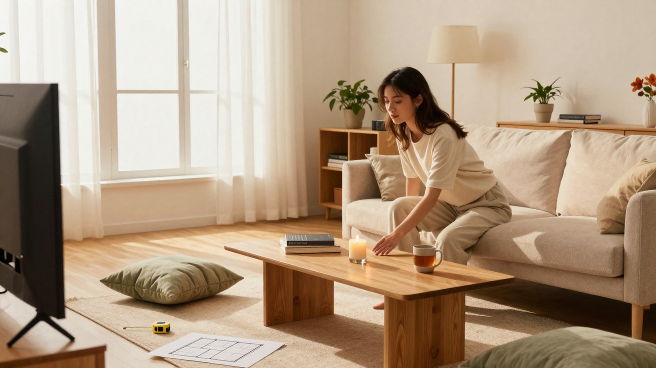Woman sitting on a beige sofa in a cosy living room, lighting a candle on a wooden coffee table.