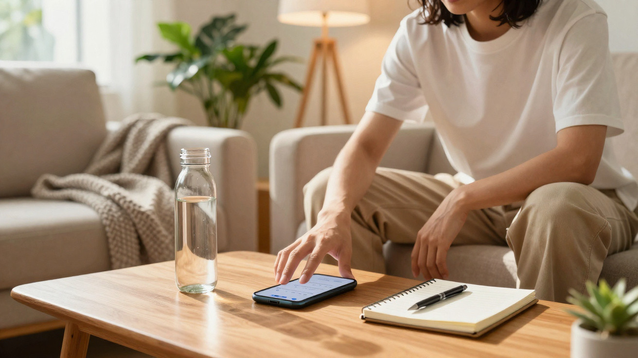 Person sitting on sofa reaching for smartphone on wooden table with notebook, pen, and glass water bottle.