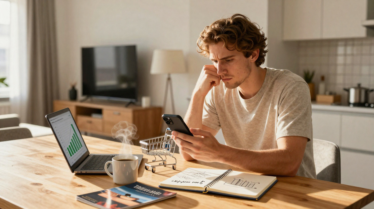 Young man focused on smartphone while working with laptop, notebook, and coffee at wooden table in kitchen.