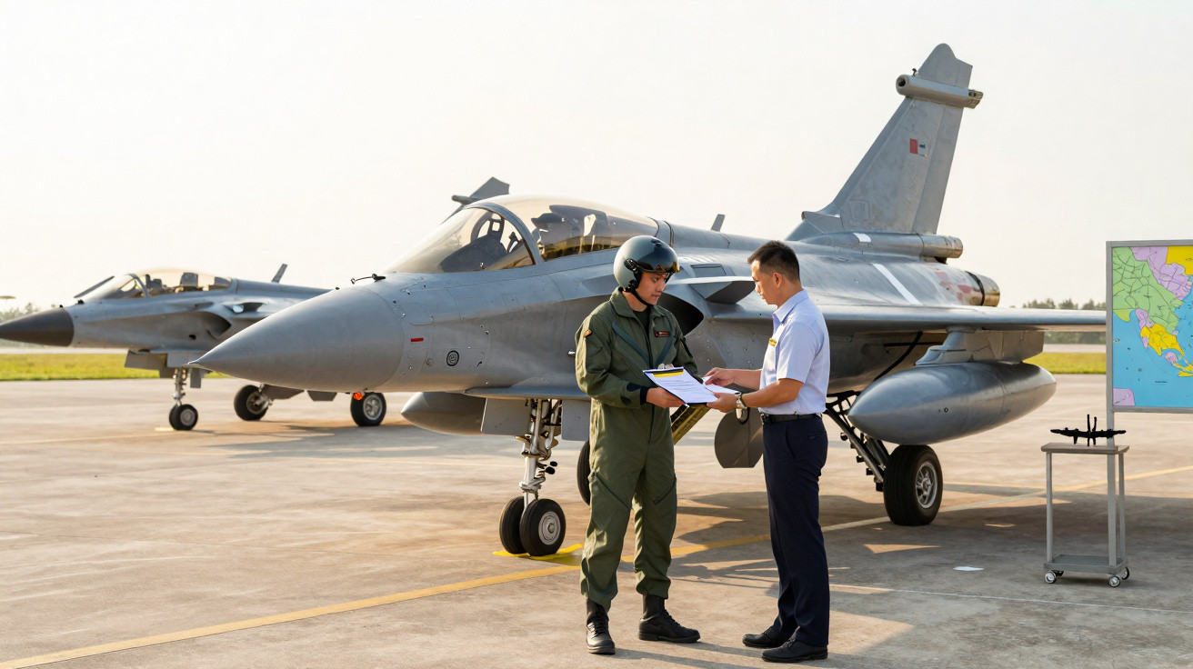Two military personnel discussing documents beside a grey fighter jet on an airfield with another jet in the background.