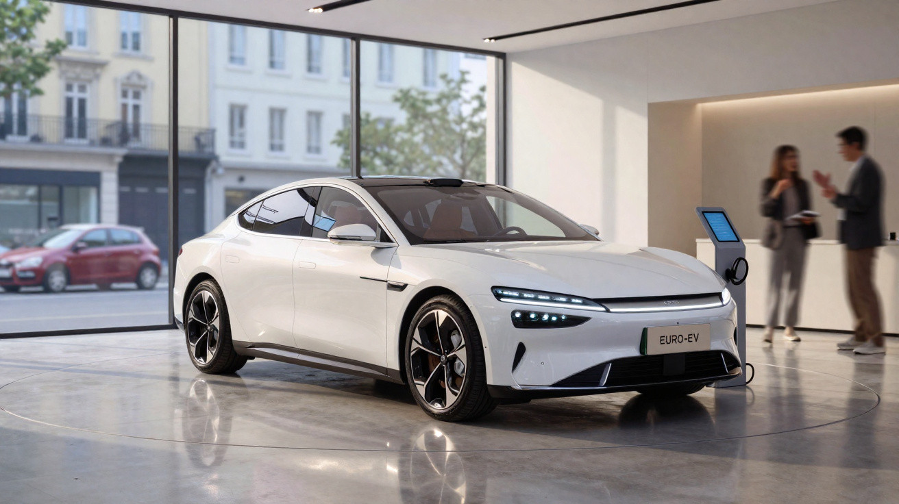 White electric car charging inside modern showroom with two blurred people talking in background