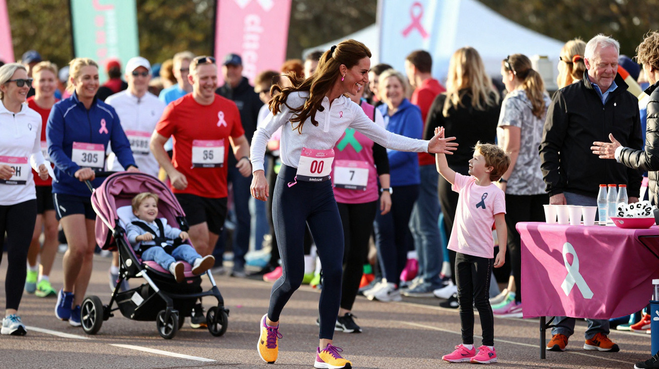 Runner with race number 00 high-fives a child wearing a breast cancer awareness ribbon at a charity race event.