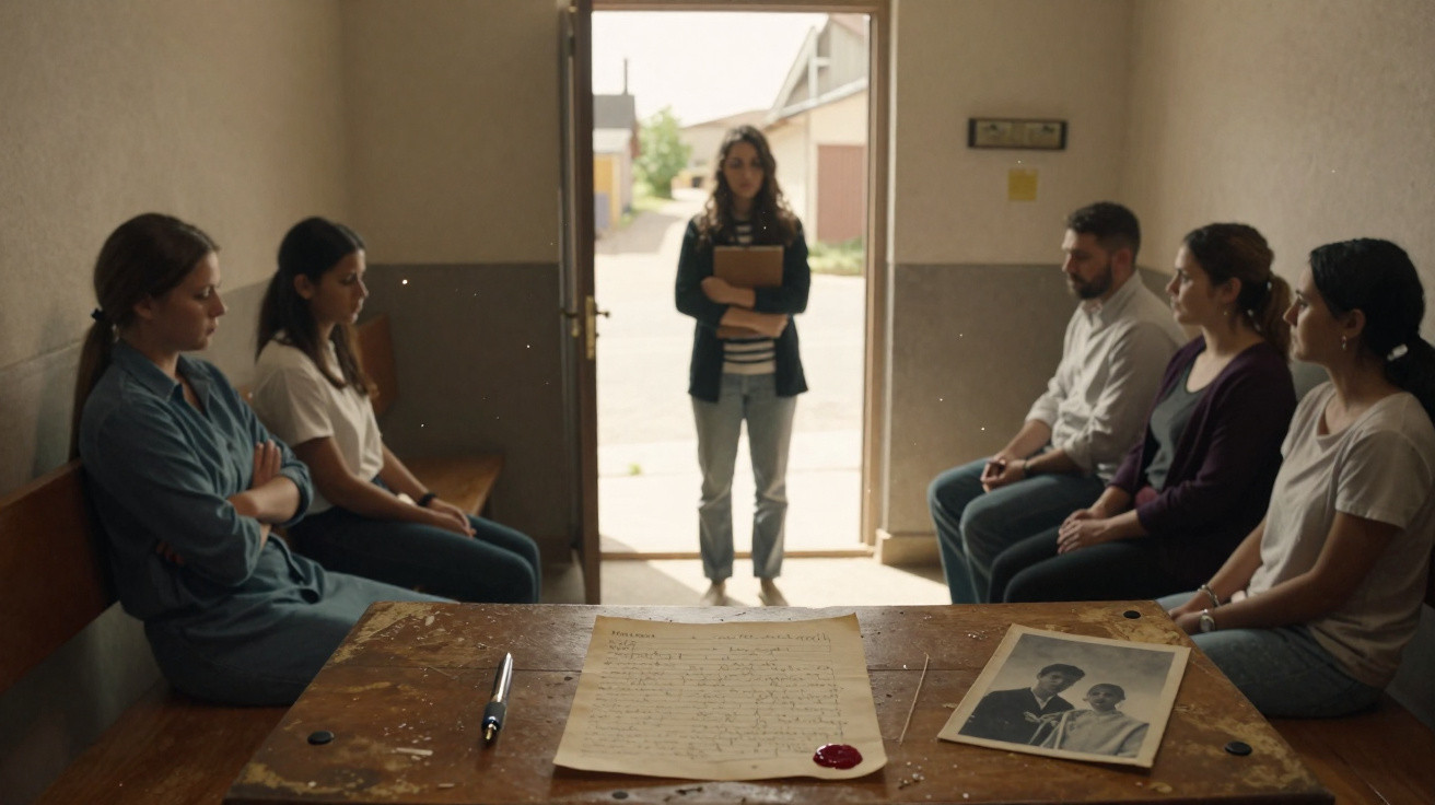 Five people sitting facing each other in a dim room with a woman standing in the doorway holding a folder.