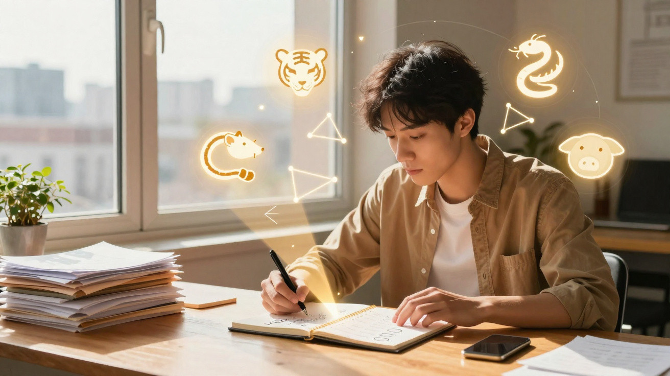 Young man studying at desk with zodiac animal icons glowing around him near window.