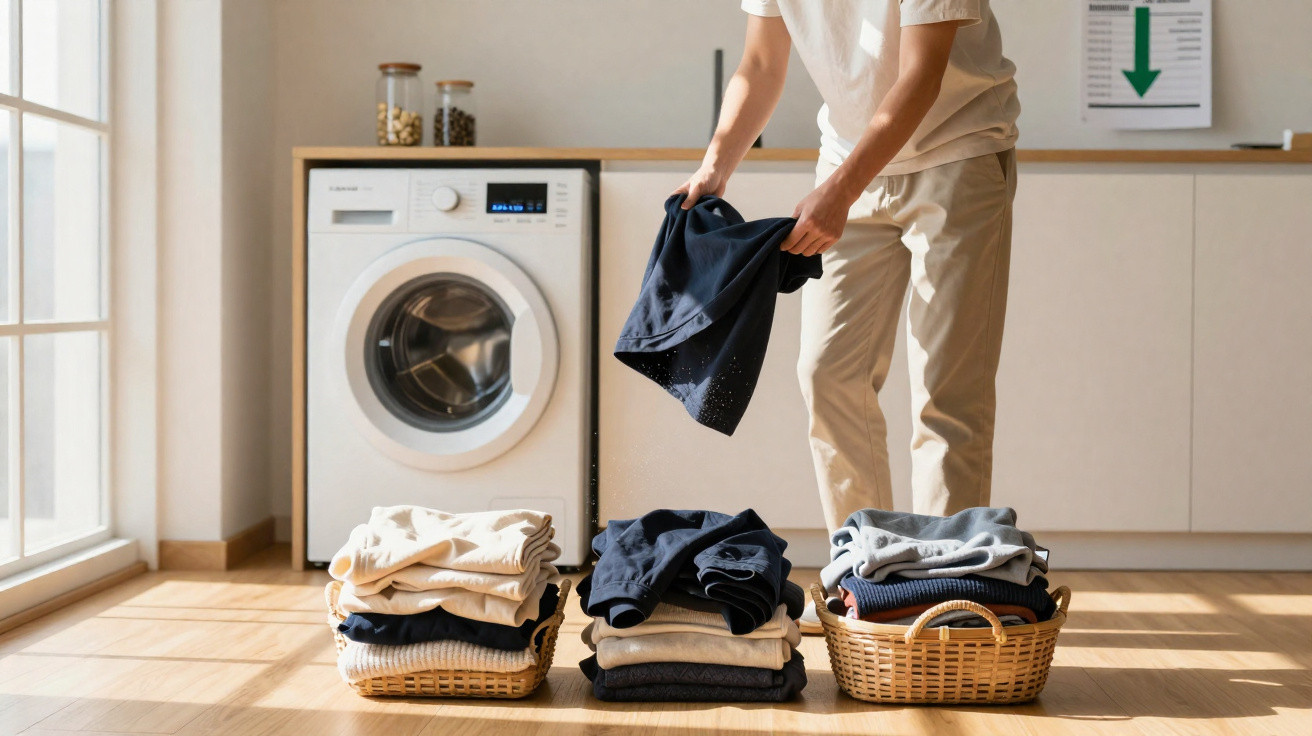 Person folding dark clothing in a bright laundry room with baskets and a front-load washing machine nearby.