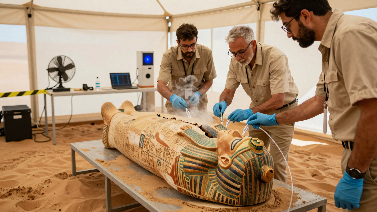 Three archaeologists in gloves examine an open ancient Egyptian sarcophagus inside a tent on sandy ground.