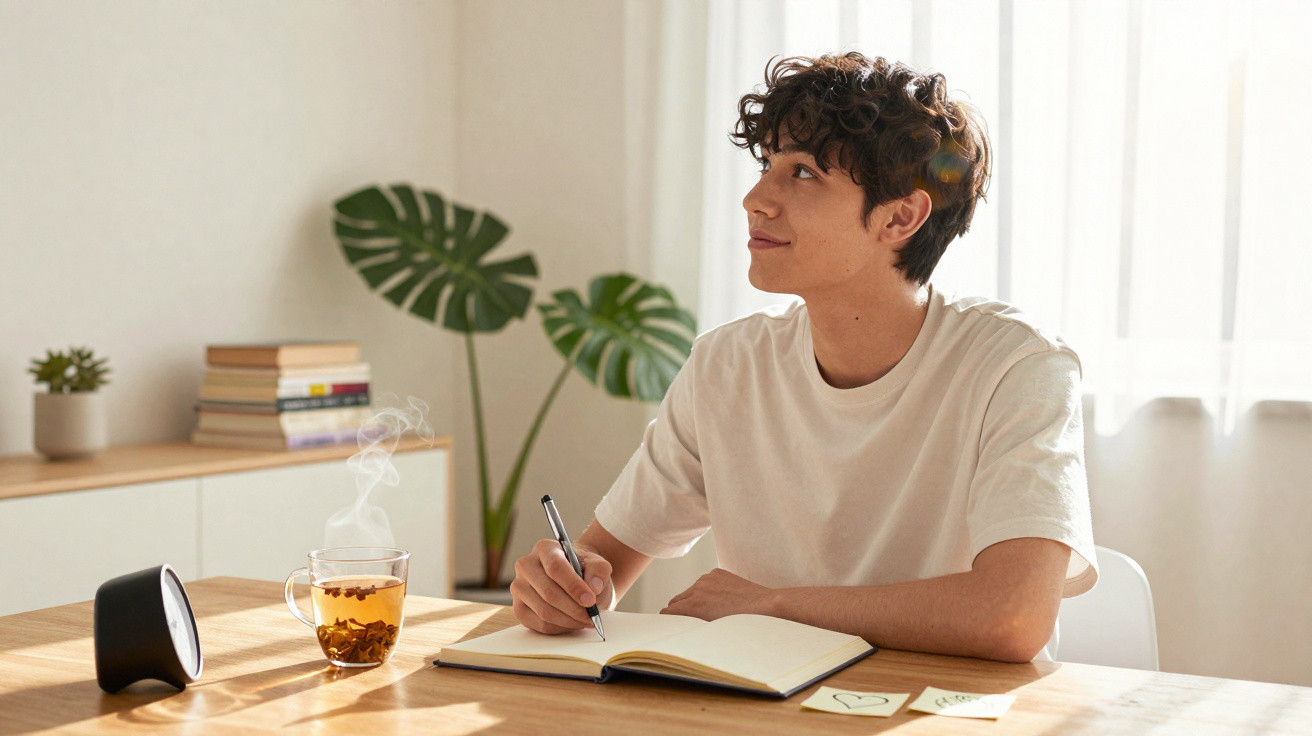 Young man in a white t-shirt writing in a notebook at a wooden table with a steaming cup of tea and clock nearby