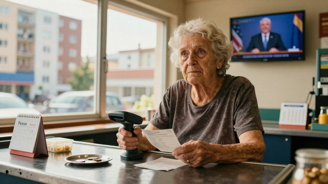 Elderly woman scanning bills with a barcode scanner at a counter in a room with a TV and calendar.