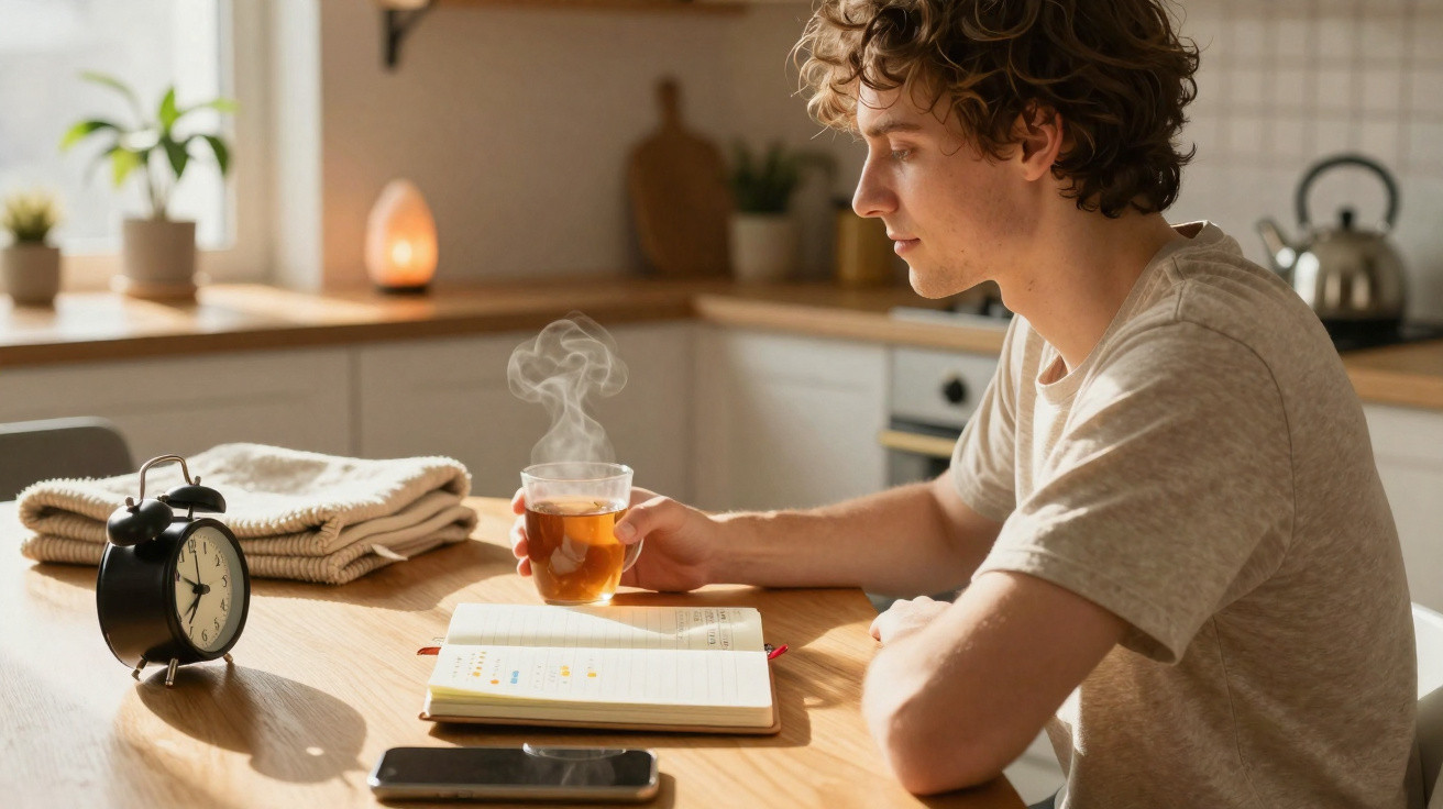 Young man sitting at a kitchen table with a steaming cup of tea, an open notebook, and a smartphone nearby.