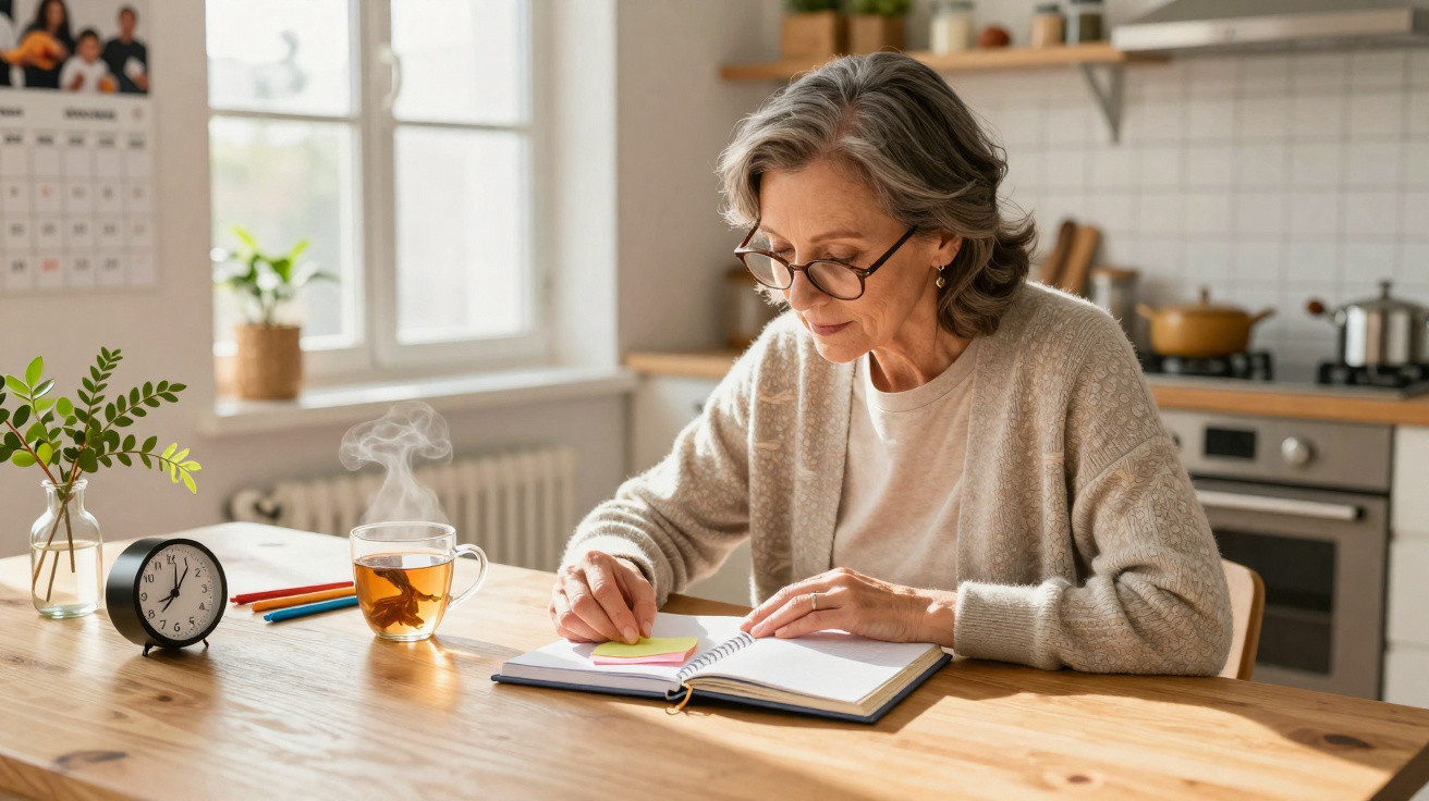 Older woman writing in planner at wooden kitchen table with steaming cup of tea and clock nearby