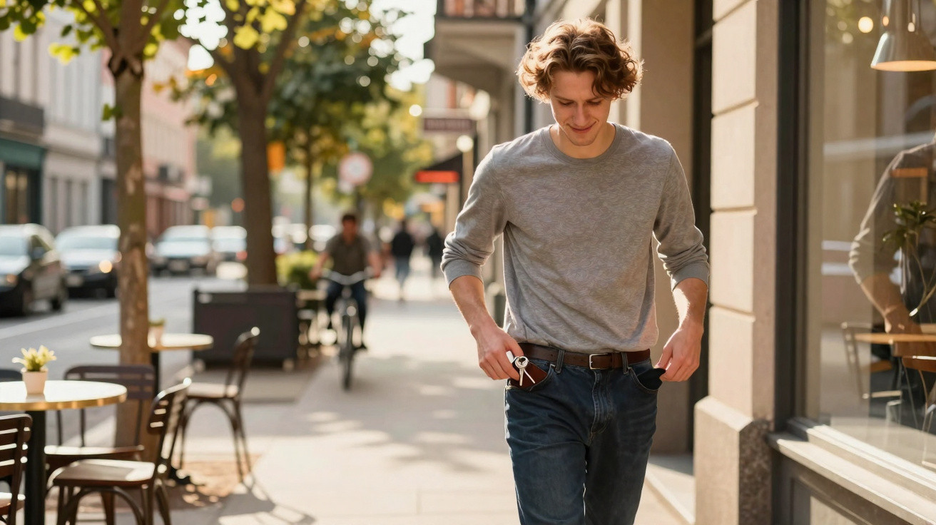 Young man walking on a sunlit city street, smiling and adjusting his jeans pocket near café tables.