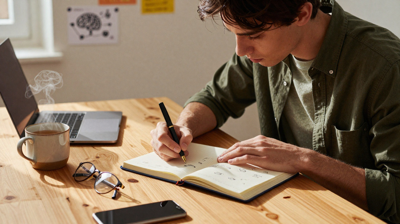 Young man writing in a notebook at a wooden desk with laptop, smartphone, glasses, and steaming mug nearby.