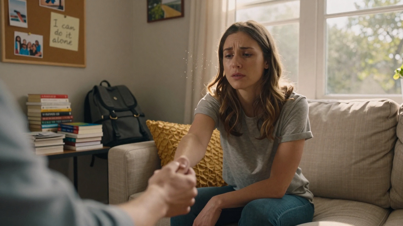 Woman looking distressed while holding hands with another person in a living room with natural light.