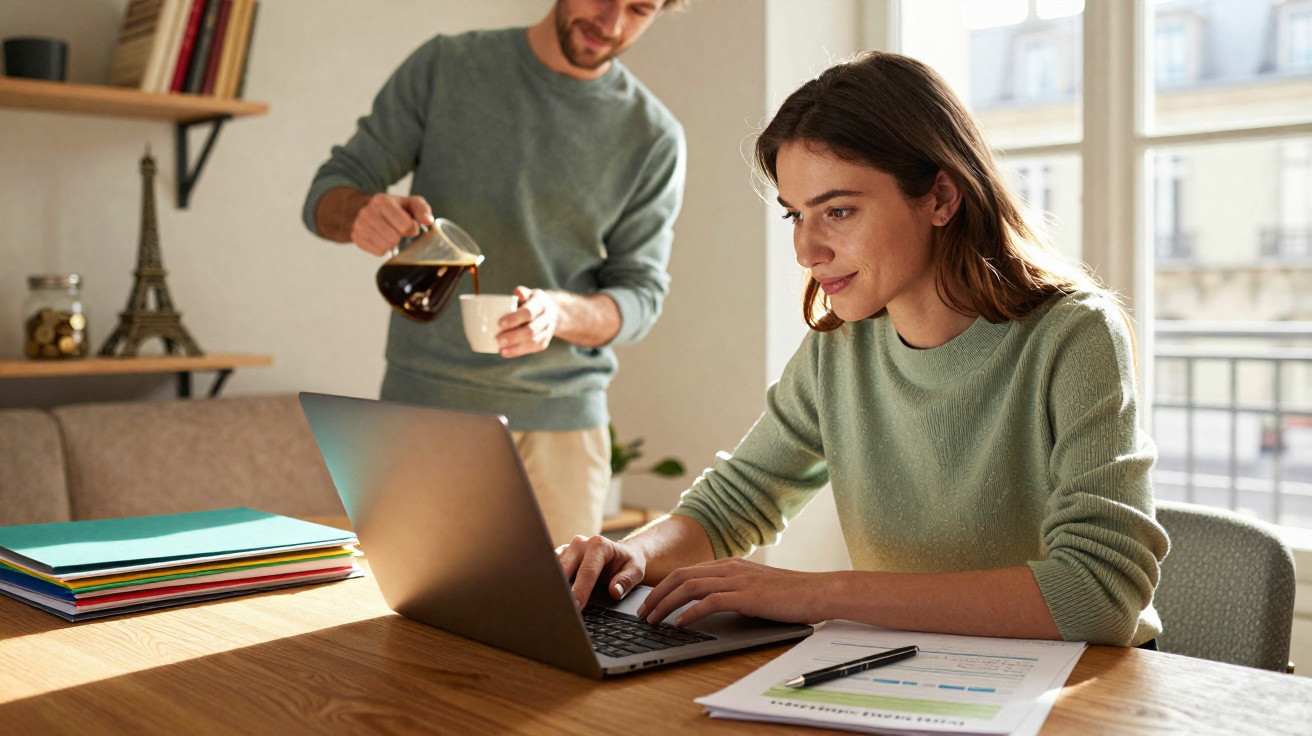 Woman working on a laptop at a desk with documents while a man pours coffee into a cup in a bright room.
