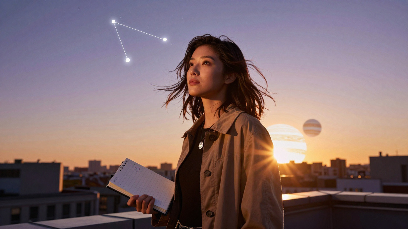 Young woman with notebook on rooftop at sunset with digital planets and constellation in sky.