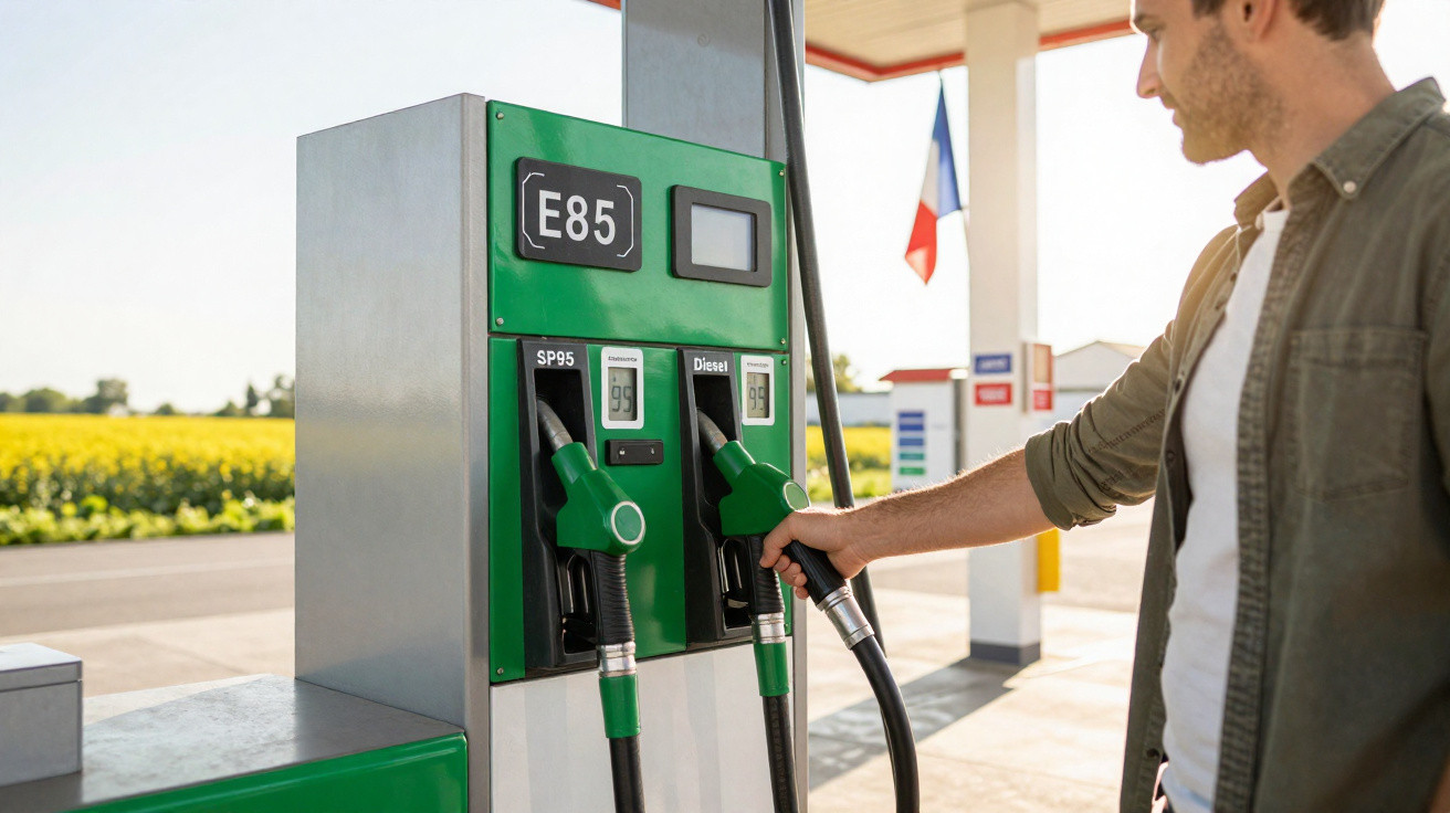 Man selecting fuel pump at a green E85 petrol station on a sunny day with a field in the background