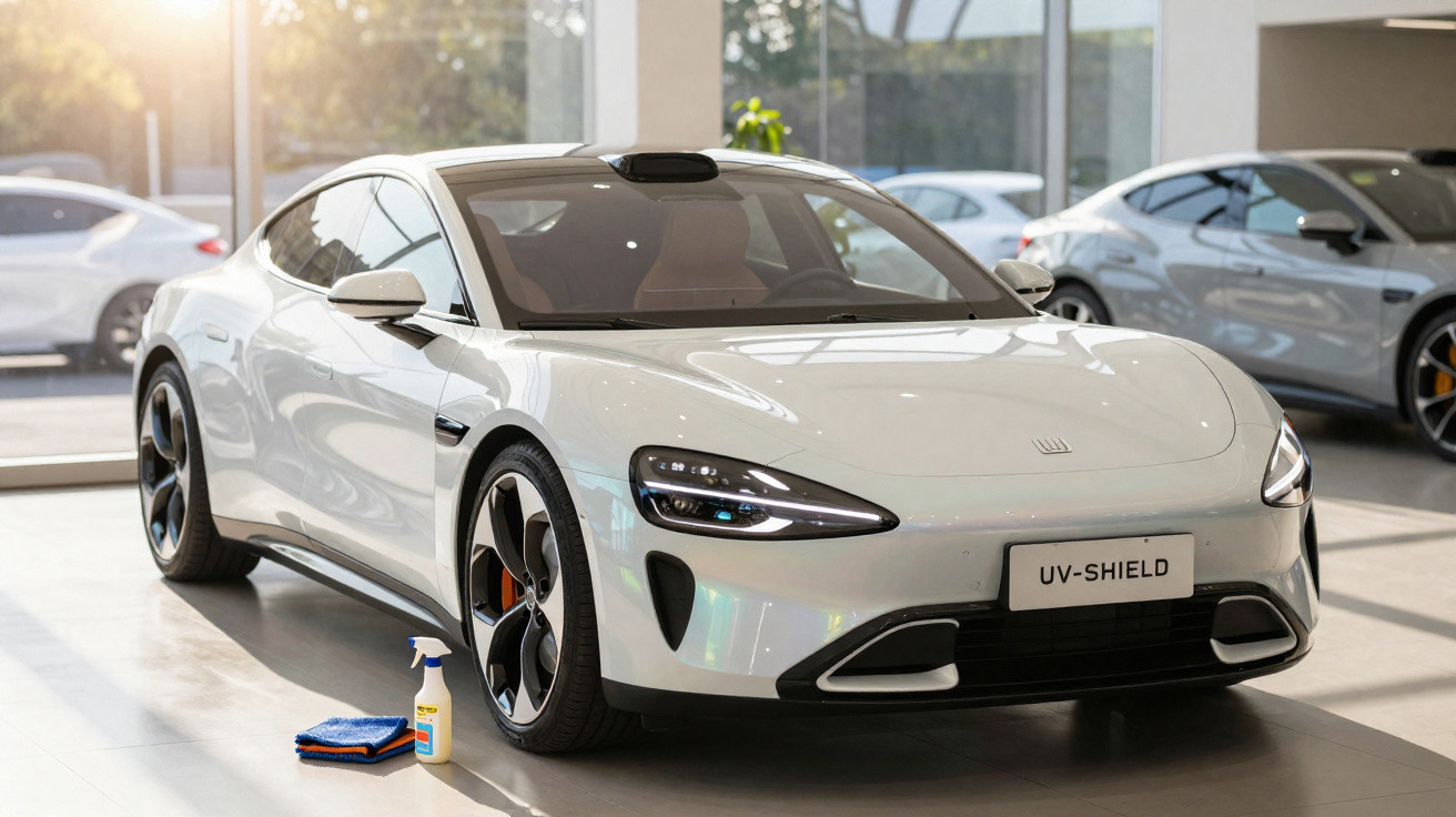 White electric sports car displayed indoors with cleaning spray and cloth on the floor beside it.