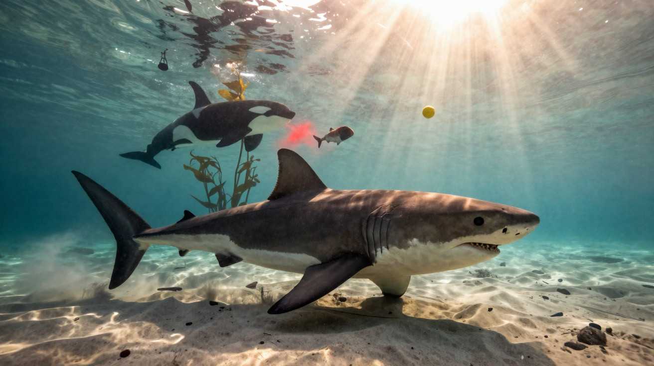 Great white shark swims close to seabed with an orca and fish under sunlit ocean water.