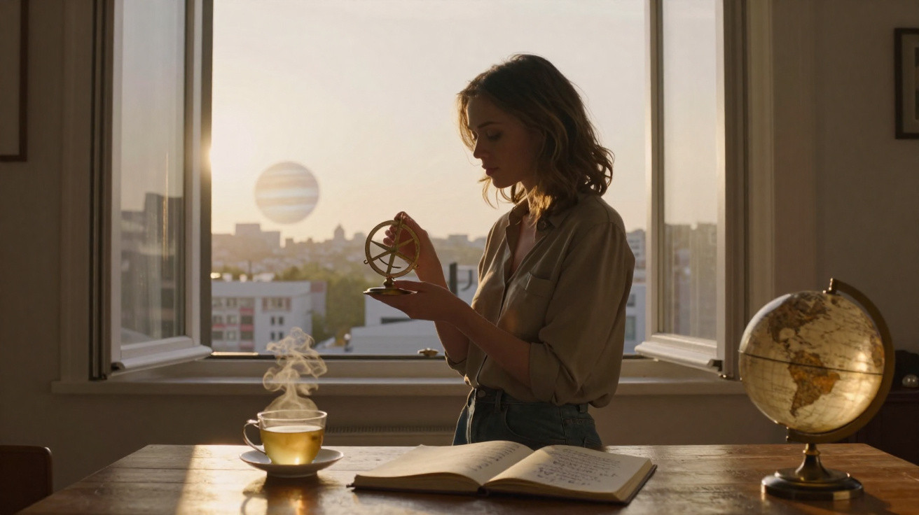Woman holding an armillary sphere by an open window with a steaming cup, notebook, and globe on the table at sunset.
