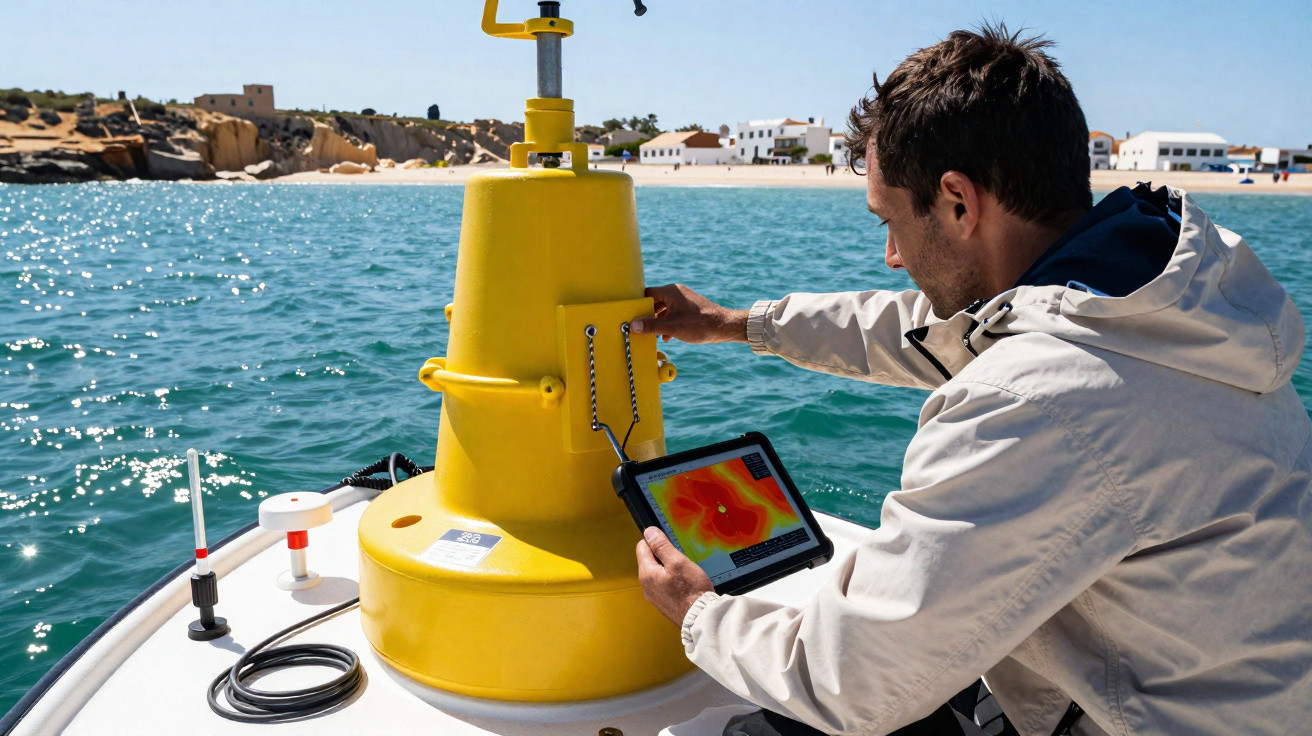 Man in a white jacket using a tablet to inspect a yellow buoy on a boat near a coastal village.