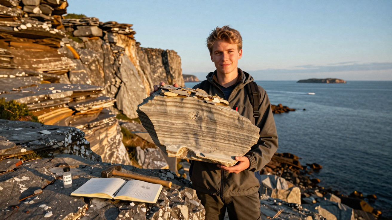 Young geologist holding a large striped rock on a rocky coastal cliff with ocean view in the background.