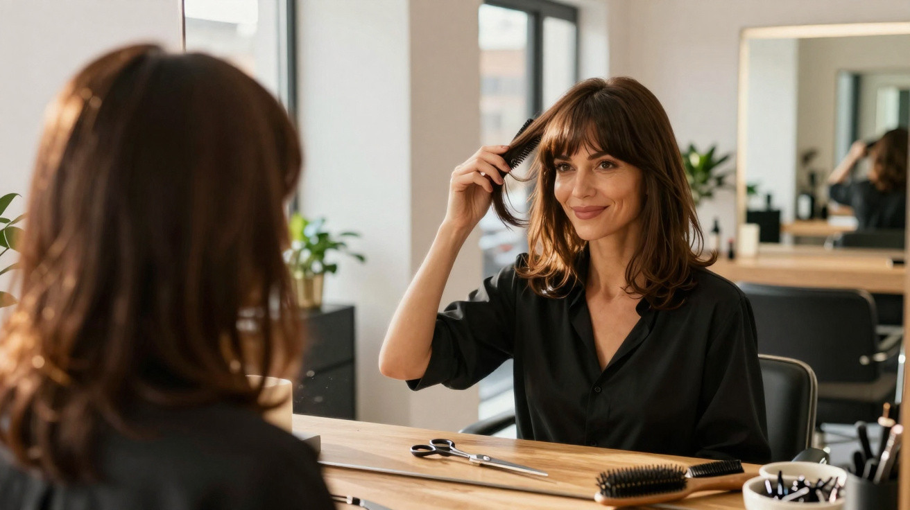Woman sitting at a salon mirror smiling and touching her hair with hairdressing tools on the table in front of her.