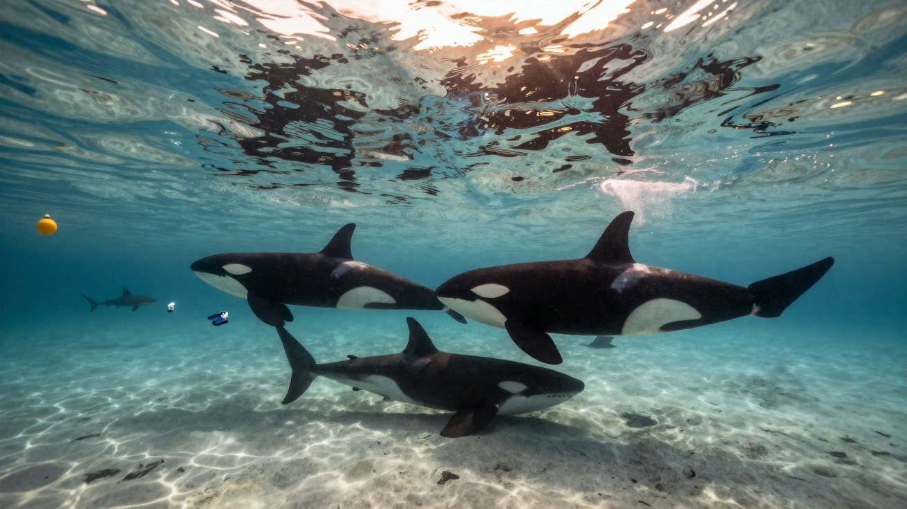 Three orcas swimming underwater near the sandy ocean floor with a shark in the background.
