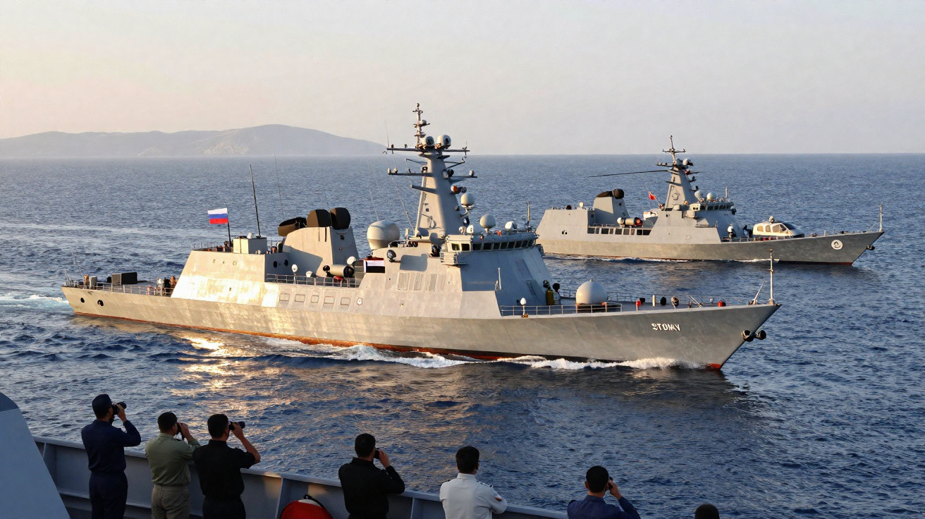 Two Russian navy warships sailing near a coastline with personnel watching from another ship.
