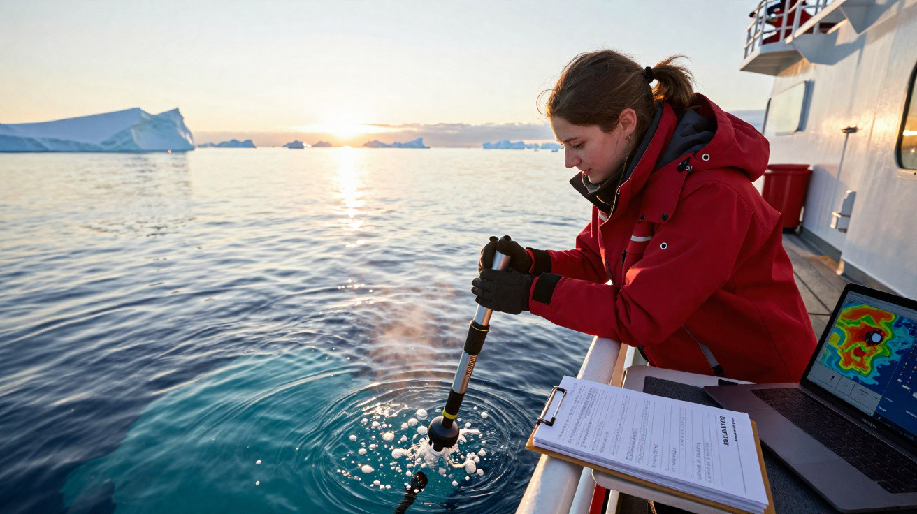 Scientist in a red jacket collecting water samples from a ship with icebergs and a sunset in the background.