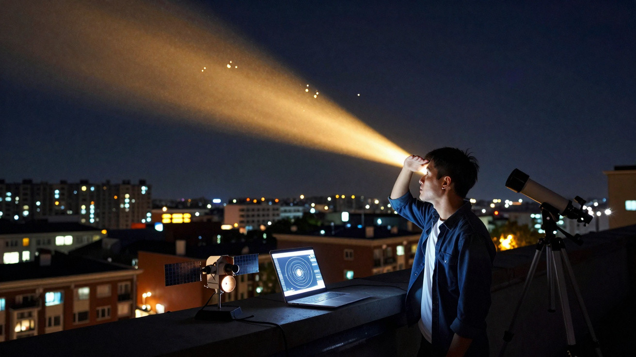 Young man using a headlamp and laptop to stargaze on a rooftop at night, with a telescope nearby.