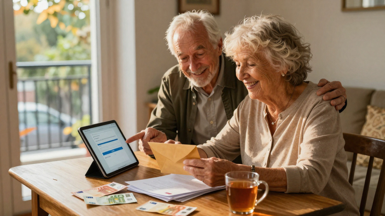 Elderly couple sitting at a table, managing finances with documents, money, and a tablet in a bright room.