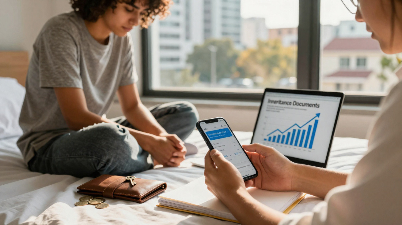 Two people discuss finances on a bed with a laptop showing a growth chart and a phone displaying a banking app.