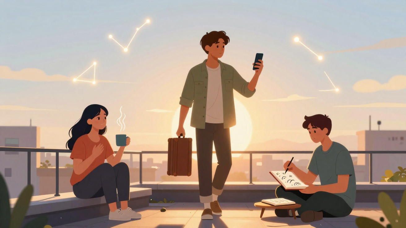 Three young people on a rooftop at sunset, one holding a phone, one drinking coffee, and one writing in a notebook.