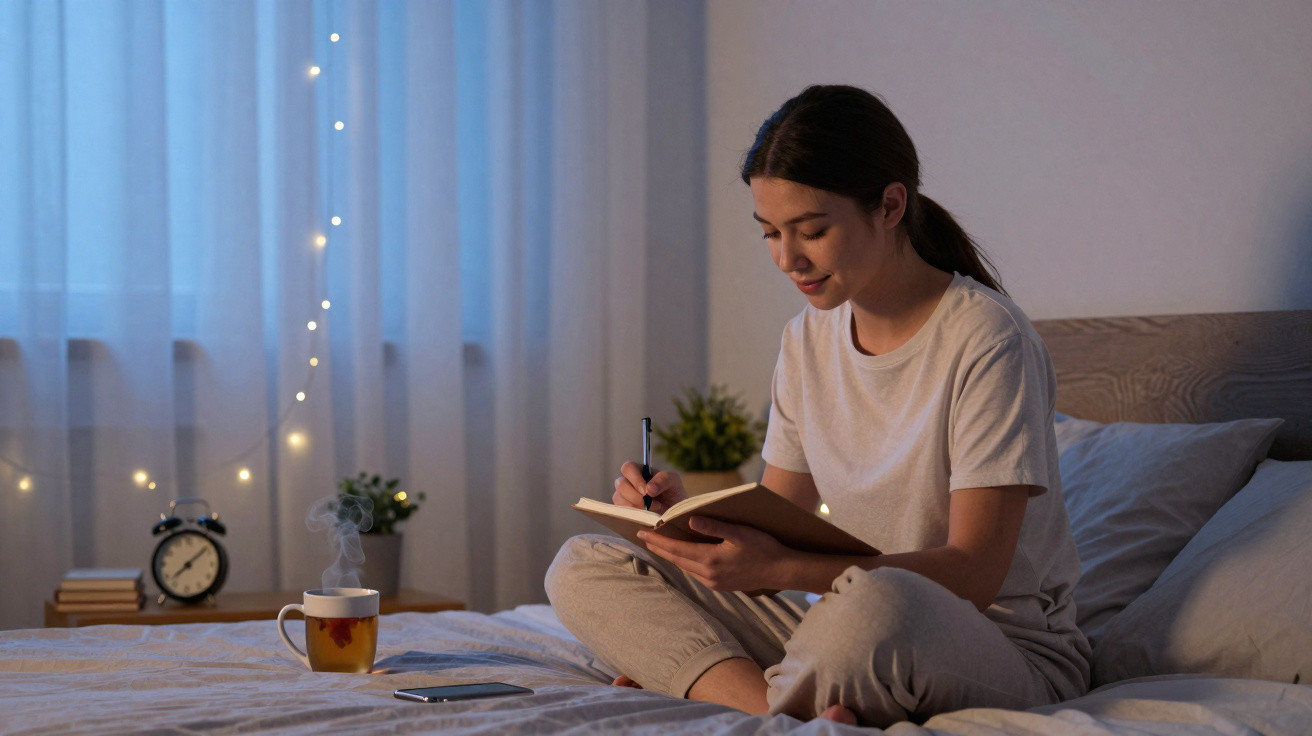 Woman in comfortable clothes writing in a journal while sitting cross-legged on a bed in the evening.