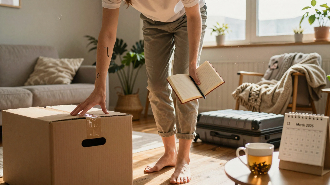 Person holding an open book and packing a cardboard box in a sunlit living room with suitcase and calendar.