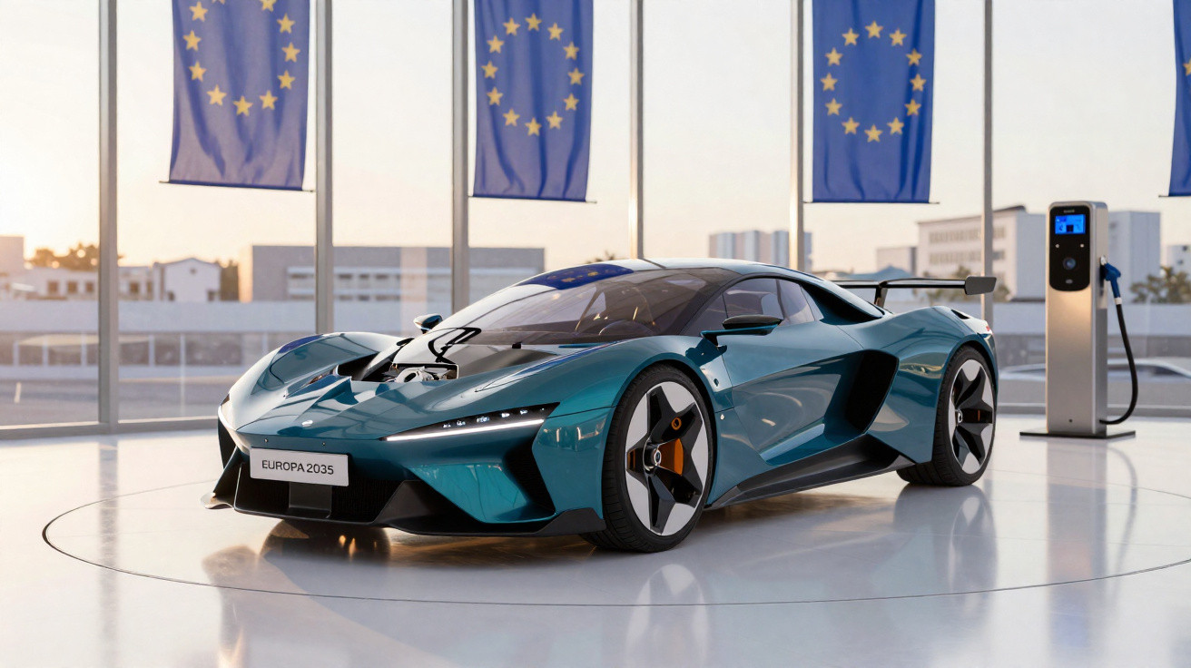 Futuristic blue electric sports car Europa 2035 in showroom with European Union flags and charging station.